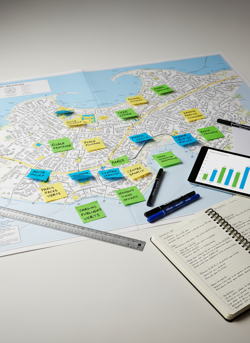 A large, detailed city map of a coastal town spread across a matte white planning table, covered with color-coded sticky notes, fine-tip markers, and a metallic ruler, symbolizing a candidate’s vision for the municipality. Green notes highlight parks and gardens, yellow notes mark schools, and blue notes indicate public services, all with clearly legible handwritten keywords in French. A tablet displaying a vibrant bar chart and a spiral notebook filled with dense notes sit nearby. Overhead neutral studio lighting creates even illumination and minimal shadows, emphasizing clarity and seriousness. Photographic realism from a slightly elevated angle, with sharp focus throughout the frame, evokes a bold, strategic, and forward-looking mood suitable for a municipal program page.